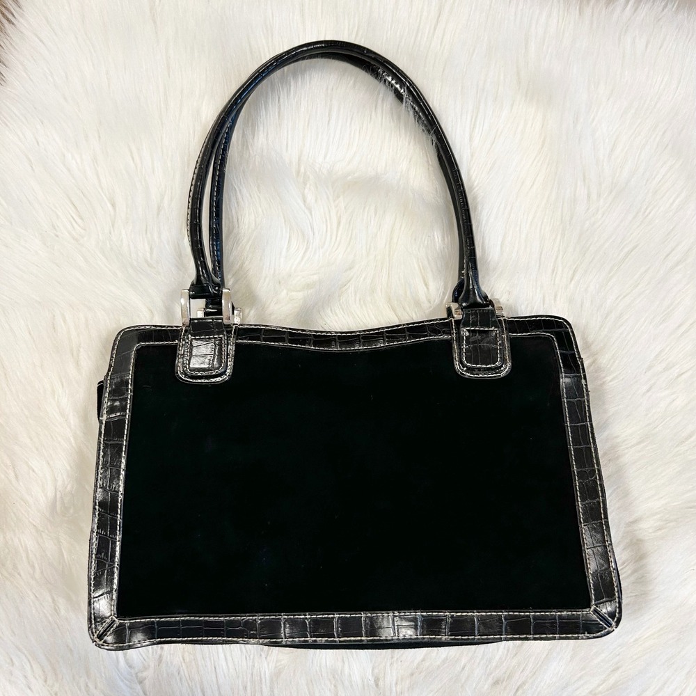 Jaclyn Smith Black Suede Croc‎ Embossed Trim Shoulder Bag Purse Tote Work Bag